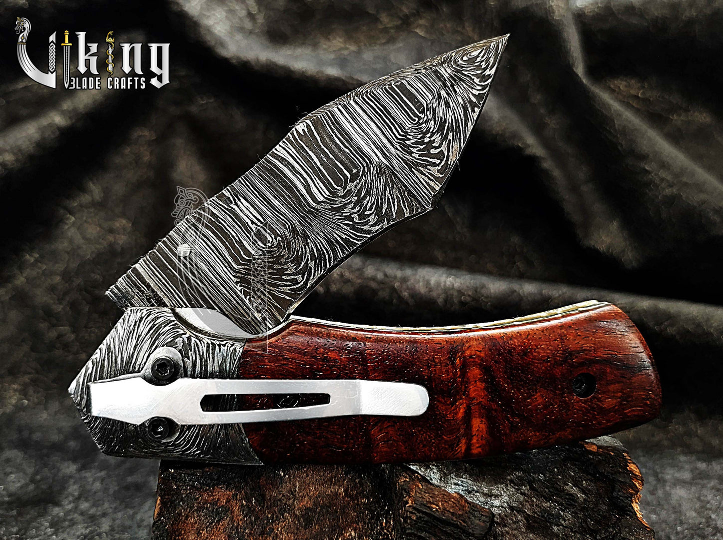 Damascus Steel Folding Pocket Knife With Sheath Rose Wood Handle