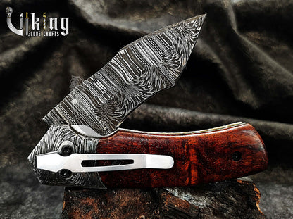 Damascus Steel Folding Pocket Knife With Sheath Rose Wood Handle