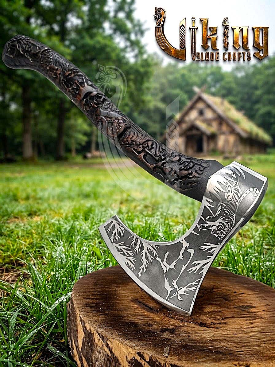Wildlife Viking Axe | Hand Carved Handle | Forged Steel