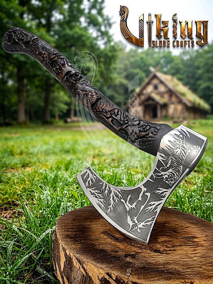 Wildlife Viking Axe | Hand Carved Handle | Forged Steel