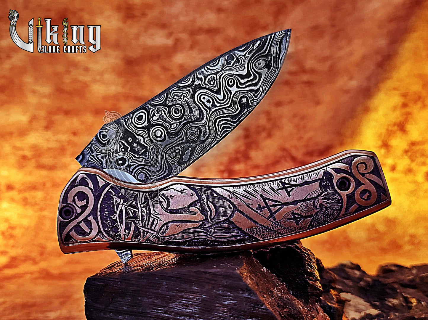 Handmade Damascus Folding Knife with Jesus Crucifixion Handle Carving