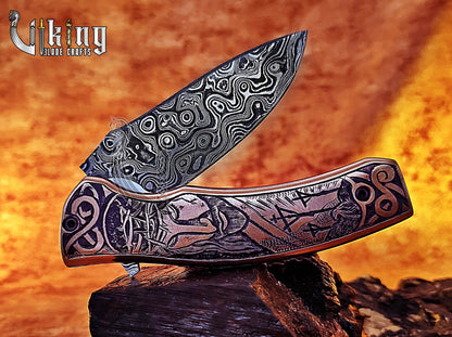 Handmade Damascus Folding Knife with Jesus Crucifixion Handle Carving