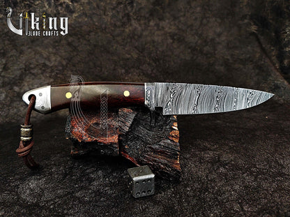 Damascus Fixed Blade Knife with Rosewood Handle & Damascus Guard & Bolster