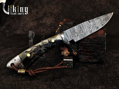 Handmade Damascus Steel Ram Horn Fixed Blade Hunting Knife