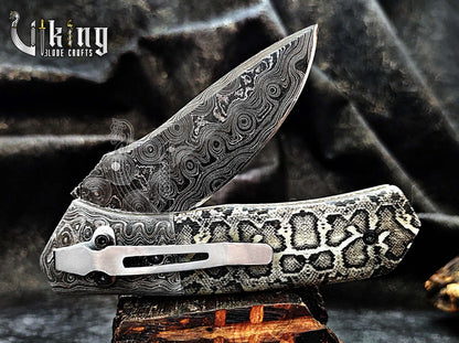 Damascus Steel Folding Pocket Knife With Damascus Clip and Bone Handle