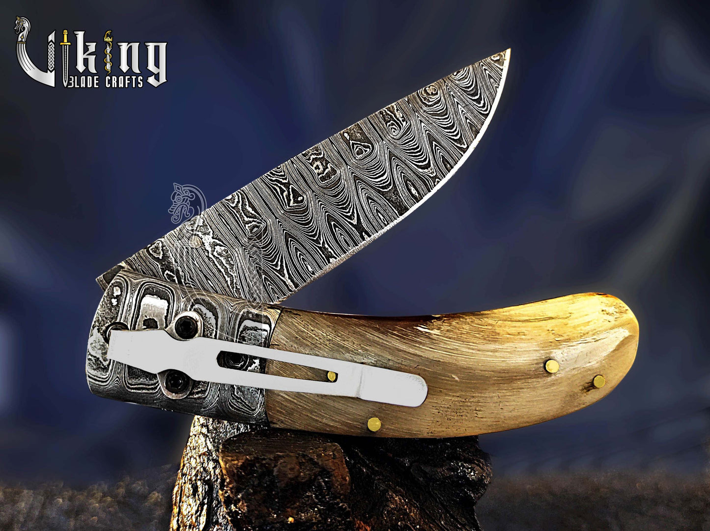 Handmade Folding Knife with Ram Horn, Ladder Pattern & Clip