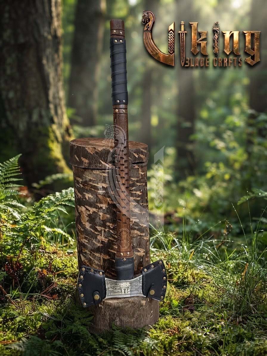 The Helm of Awe 30" Forged Viking Axe & Carved Wooden – Norse Warrior Axe