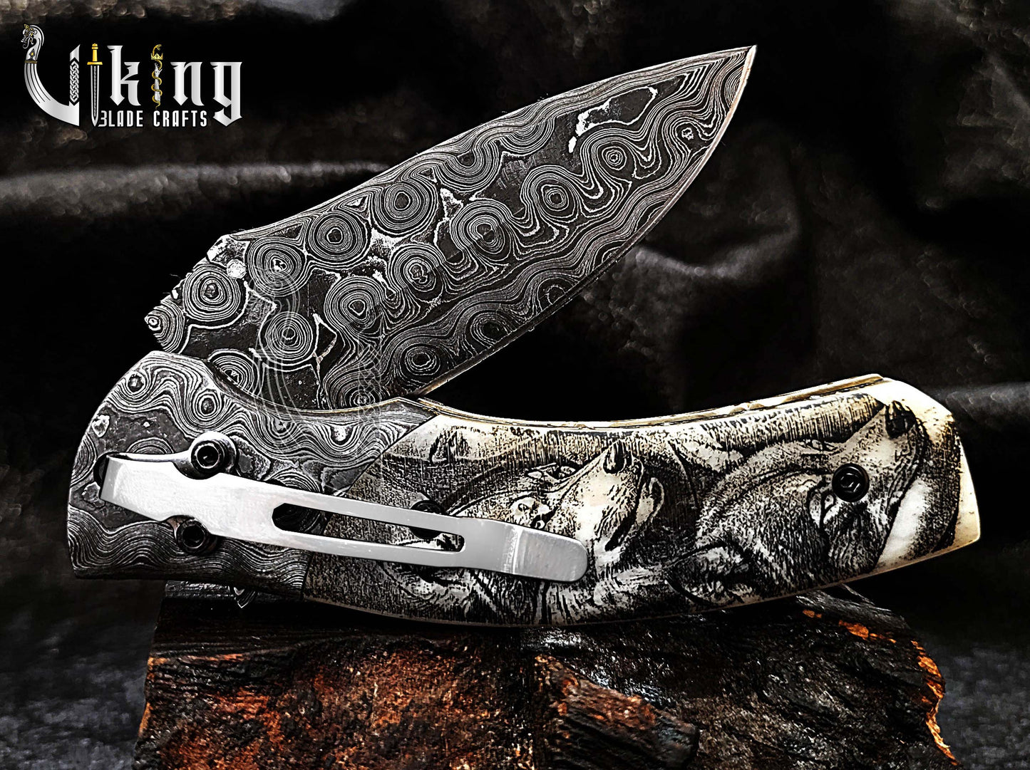 Hand-Forged Damascus Steel Rain Drop & Bone Handle Folding Knife