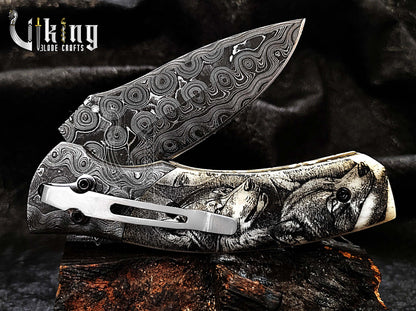 Hand-Forged Damascus Steel Rain Drop & Bone Handle Folding Knife