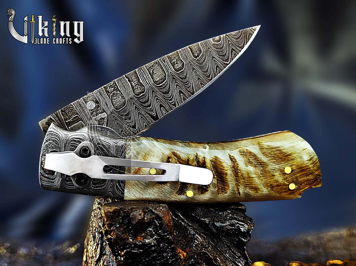 Handmade Damascus Steel Premium Folding Knife with Ram Horn Handle