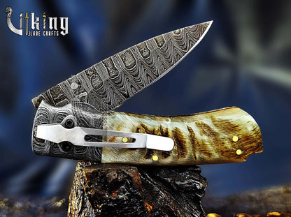 Handmade Damascus Steel Premium Folding Knife with Ram Horn Handle