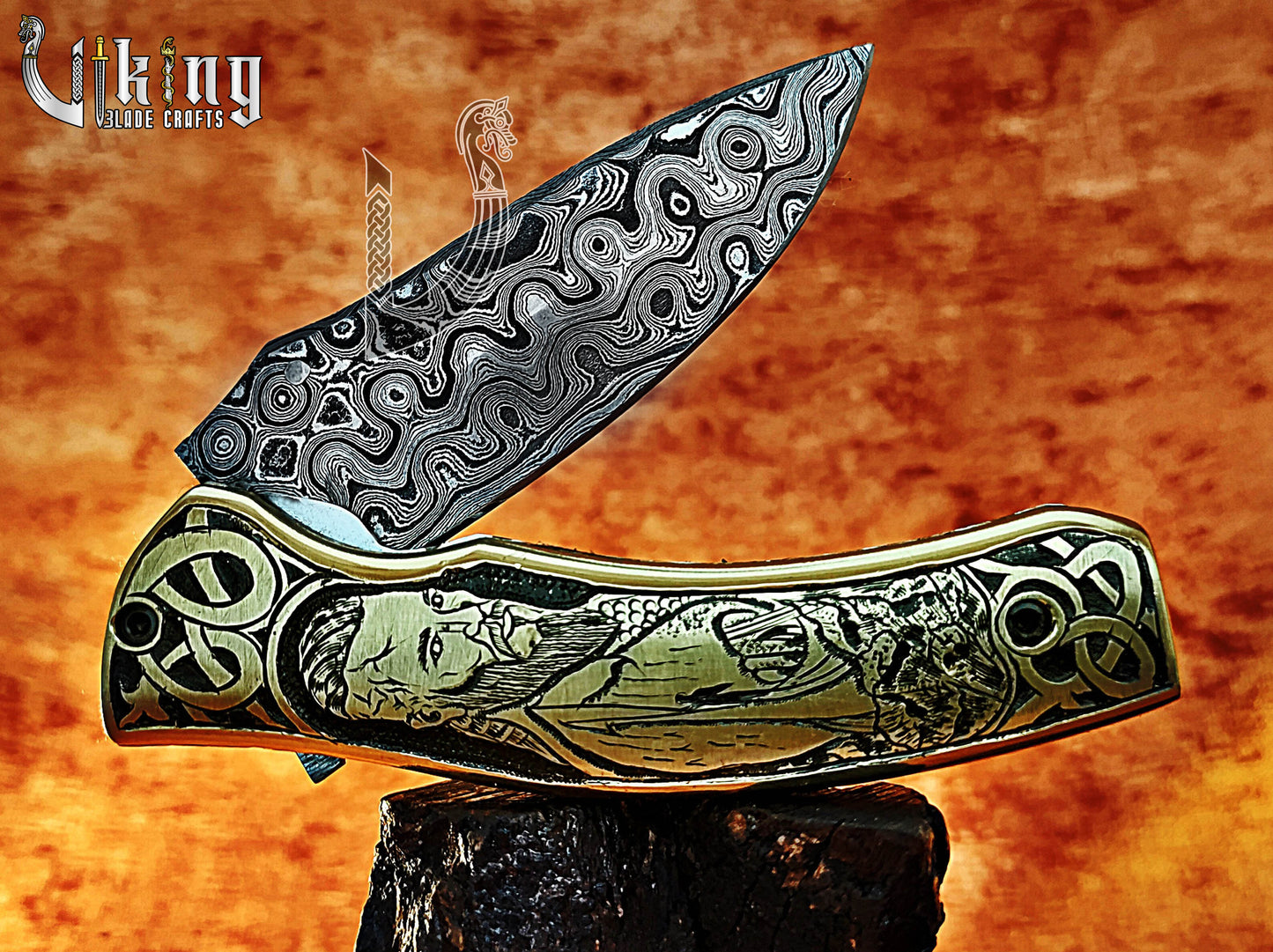 Forged Damascus Steel Blade Ragnar Lothbrok Carved Handle Folding Knife