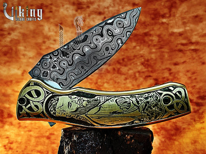 Forged Damascus Steel Blade Ragnar Lothbrok Carved Handle Folding Knife