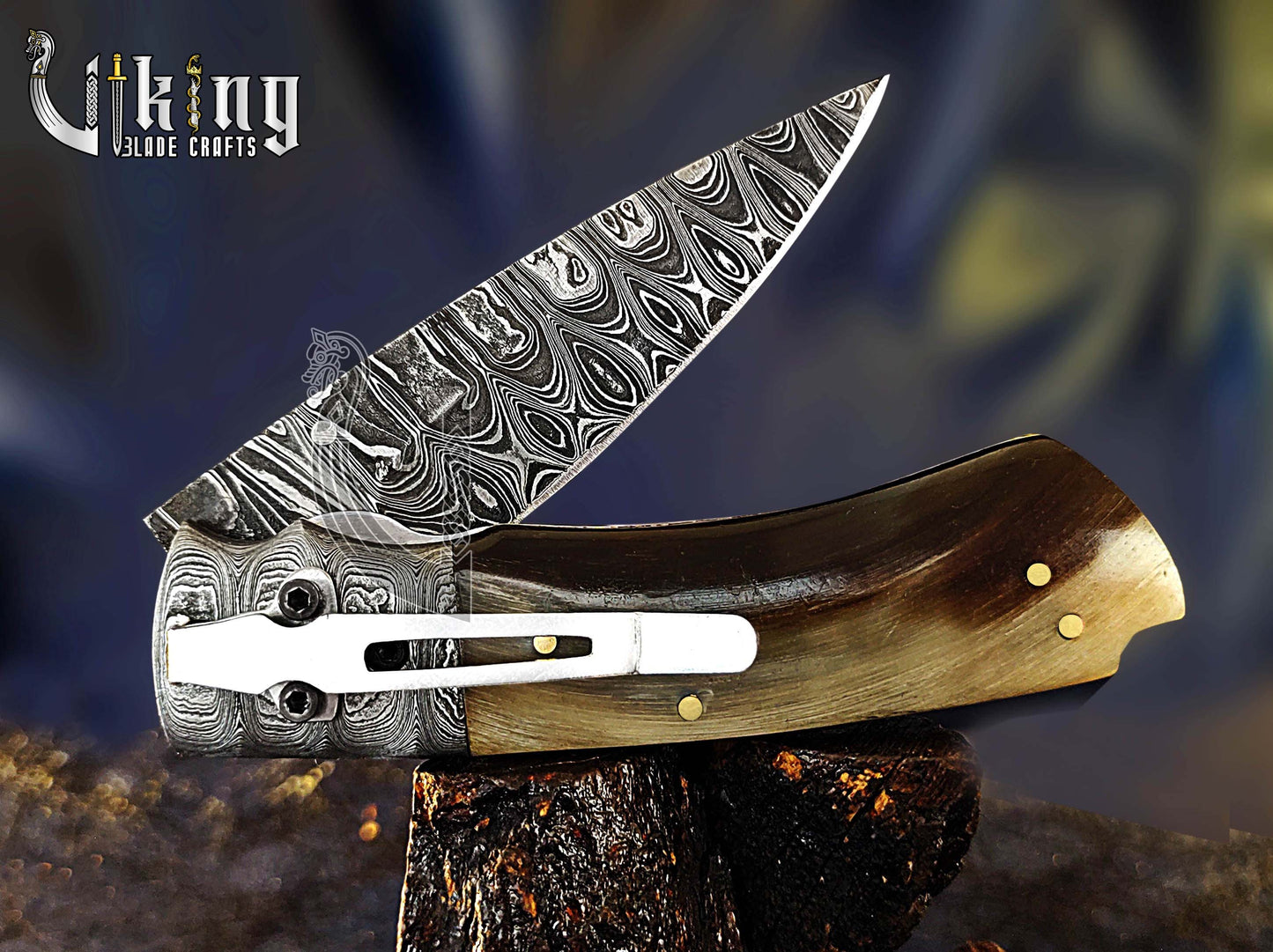 Handmade 3.5" Folding Knife with Ram Horn, Ladder Pattern & Pocket Clip