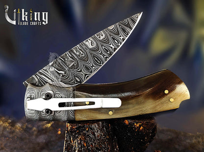 Handmade 3.5" Folding Knife with Ram Horn, Ladder Pattern & Pocket Clip