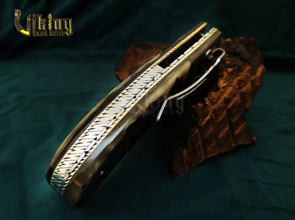Custom Hand-Forged Handmade Damascus Folding Knife | Raindrop Pattern | Ram Horn Handle