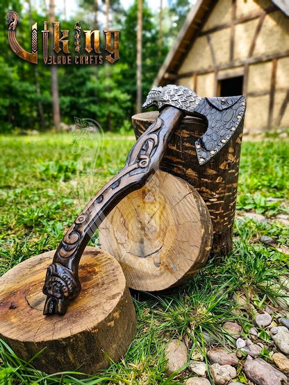 Fenrir Norse Axe | Hand Carved Wolf Handle | Forged Steel