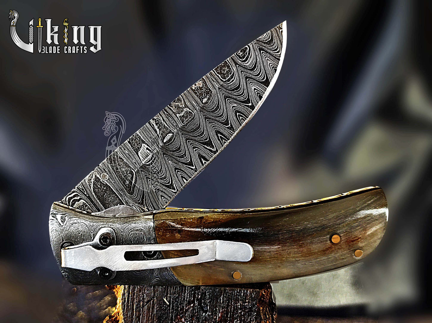 Forged Damascus Steel Folding Pocket Knife with Secure Leather Cover