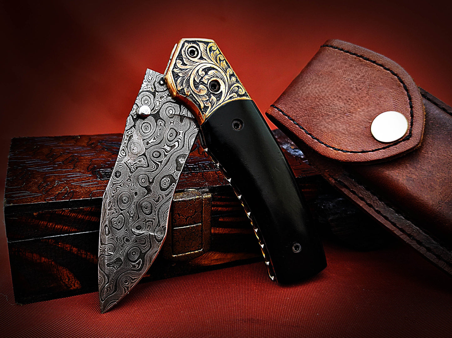 Damascus Pocket Knife with buffalo Horn Handle – Ancient Hand-Carved Theme - Viking Blade Crafts