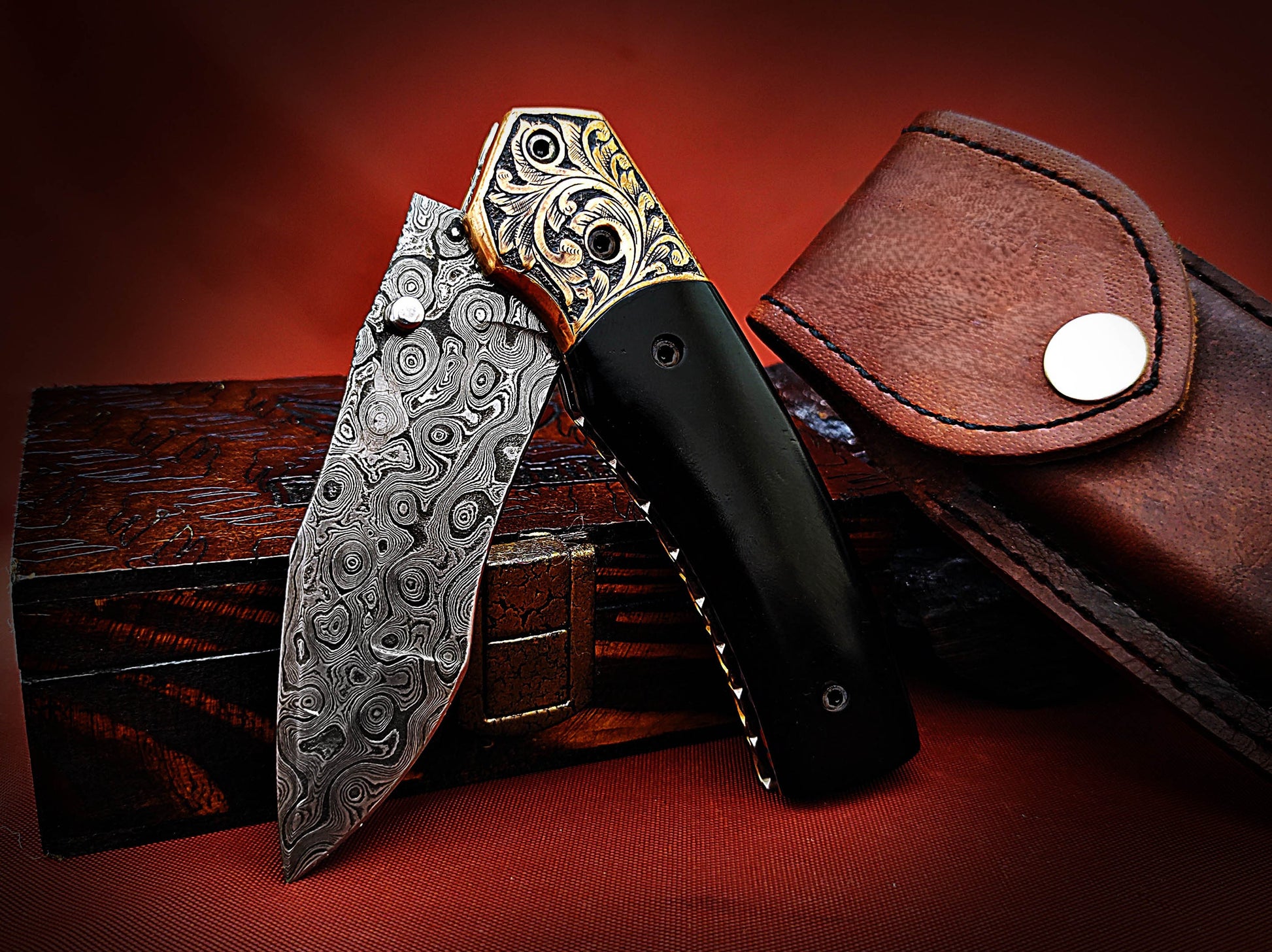 Damascus Pocket Knife with buffalo Horn Handle – Ancient Hand-Carved Theme - Viking Blade Crafts