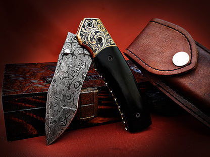 Damascus Pocket Knife with buffalo Horn Handle – Ancient Hand-Carved Theme - Viking Blade Crafts