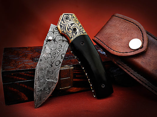 Damascus Pocket Knife with buffalo Horn Handle – Ancient Hand-Carved Theme