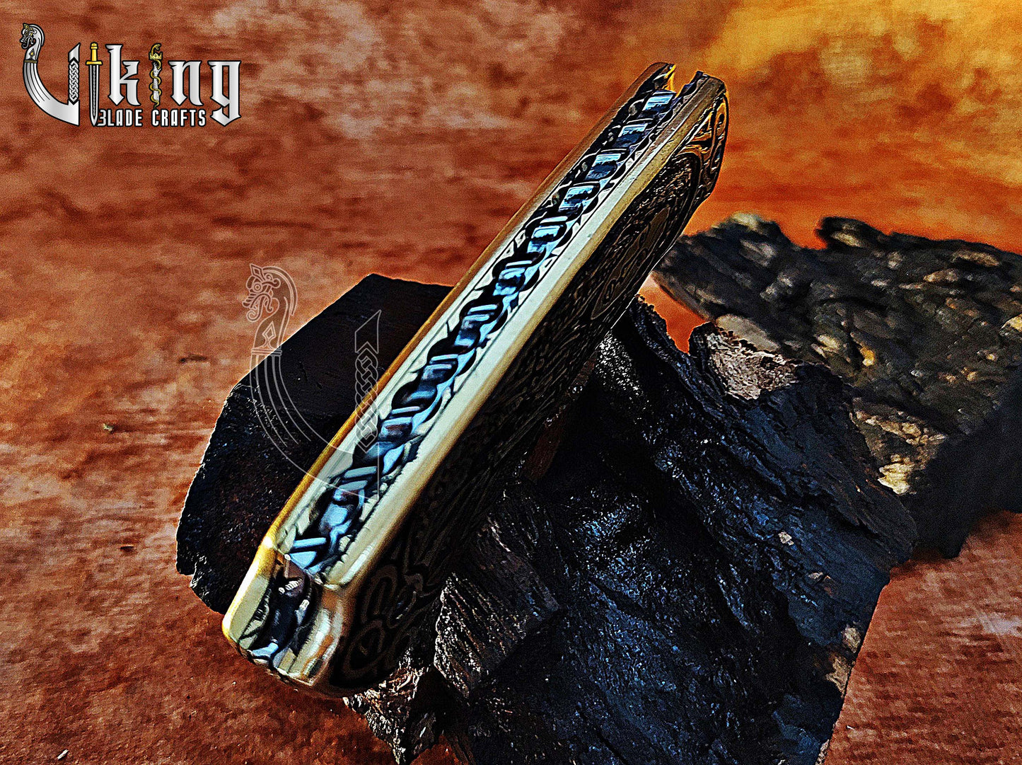 Hand-forged Damascus steel Pocket Folding knife with Queen Lagertha carving handle