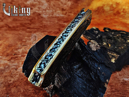 Hand-forged Damascus steel Pocket Folding knife with Queen Lagertha carving handle
