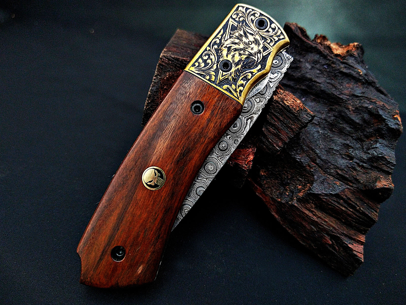 Damascus Steel Folding Pocket Knife – Viking Eagle Engraved Rosewood Handle - Viking Blade Crafts
