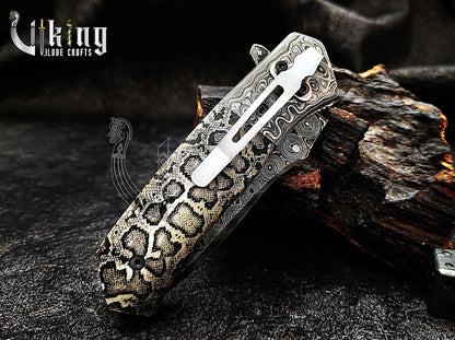 Damascus Steel Folding Pocket Knife With Damascus Clip and Bone Handle