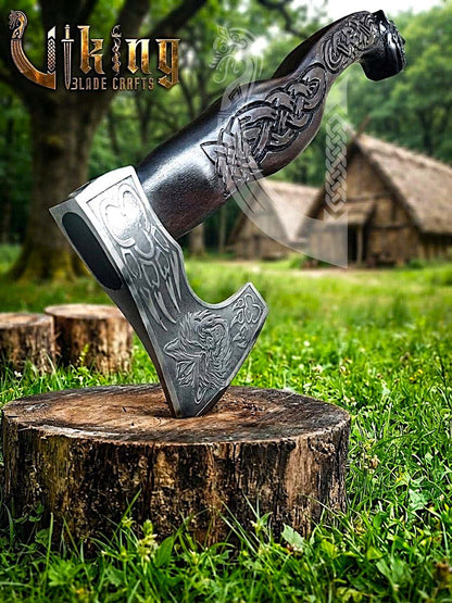 Viking Battle Axe | Hand Carved Wolf Handle | Forged Steel
