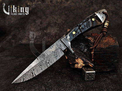 Handmade Damascus Steel Ram Horn Fixed Blade Hunting Knife