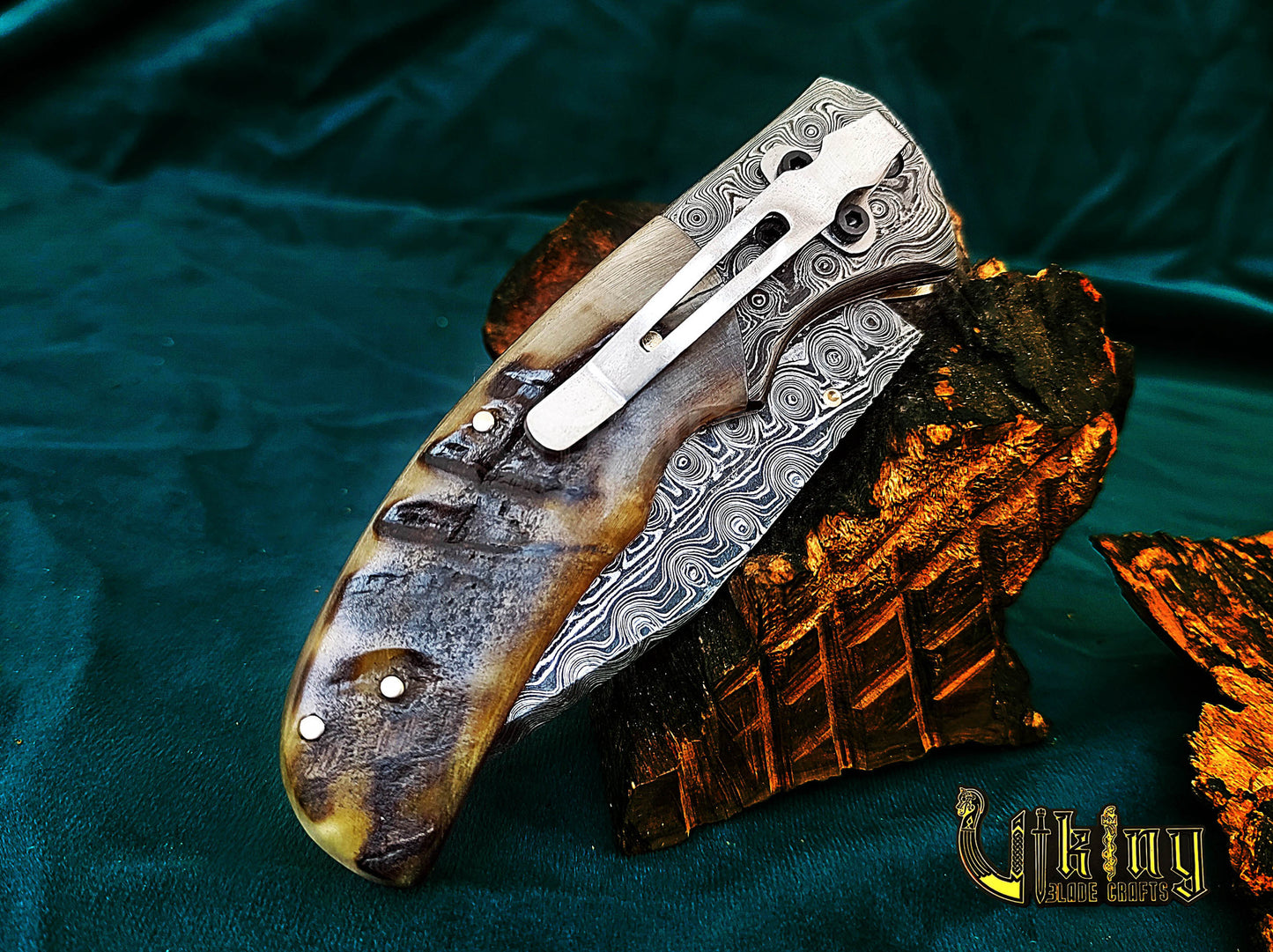 Hand-Forged Damascus Steel Folding Knife | Raindrop Pattern | Ram Horn Handle