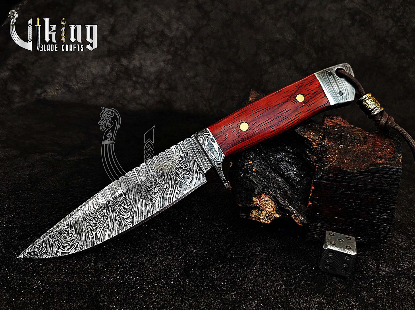 Damascus Steel Fixed Blade Bloodwood & Guard With Leather Sheath