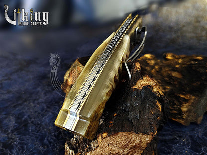 Handmade Damascus Steel Premium Folding Knife with Ram Horn Handle