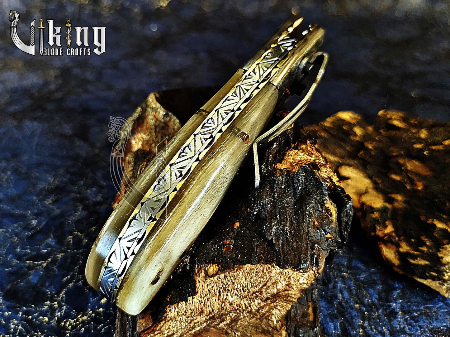 Handmade Folding Knife with Ram Horn, Ladder Pattern & Clip