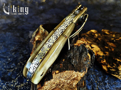 Handmade Folding Knife with Ram Horn, Ladder Pattern & Clip