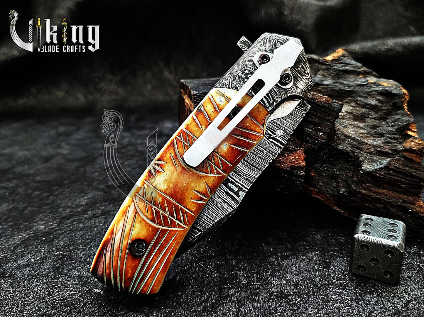 Forged Damascus Steel Folding Knife with Fire Camel Bone Handle
