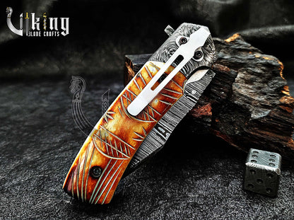 Forged Damascus Steel Folding Knife with Fire Camel Bone Handle