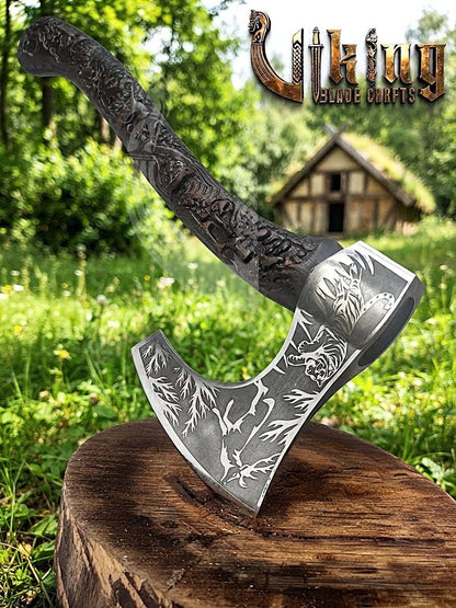 Wildlife Viking Axe | Hand Carved Handle | Forged Steel