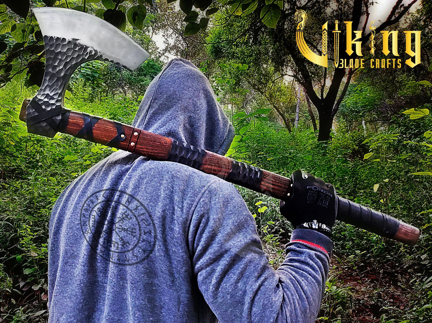 Hand-Forged 36" Viking Battle Axe & Carved Raven Shield Set Viking_Blade_Crafts