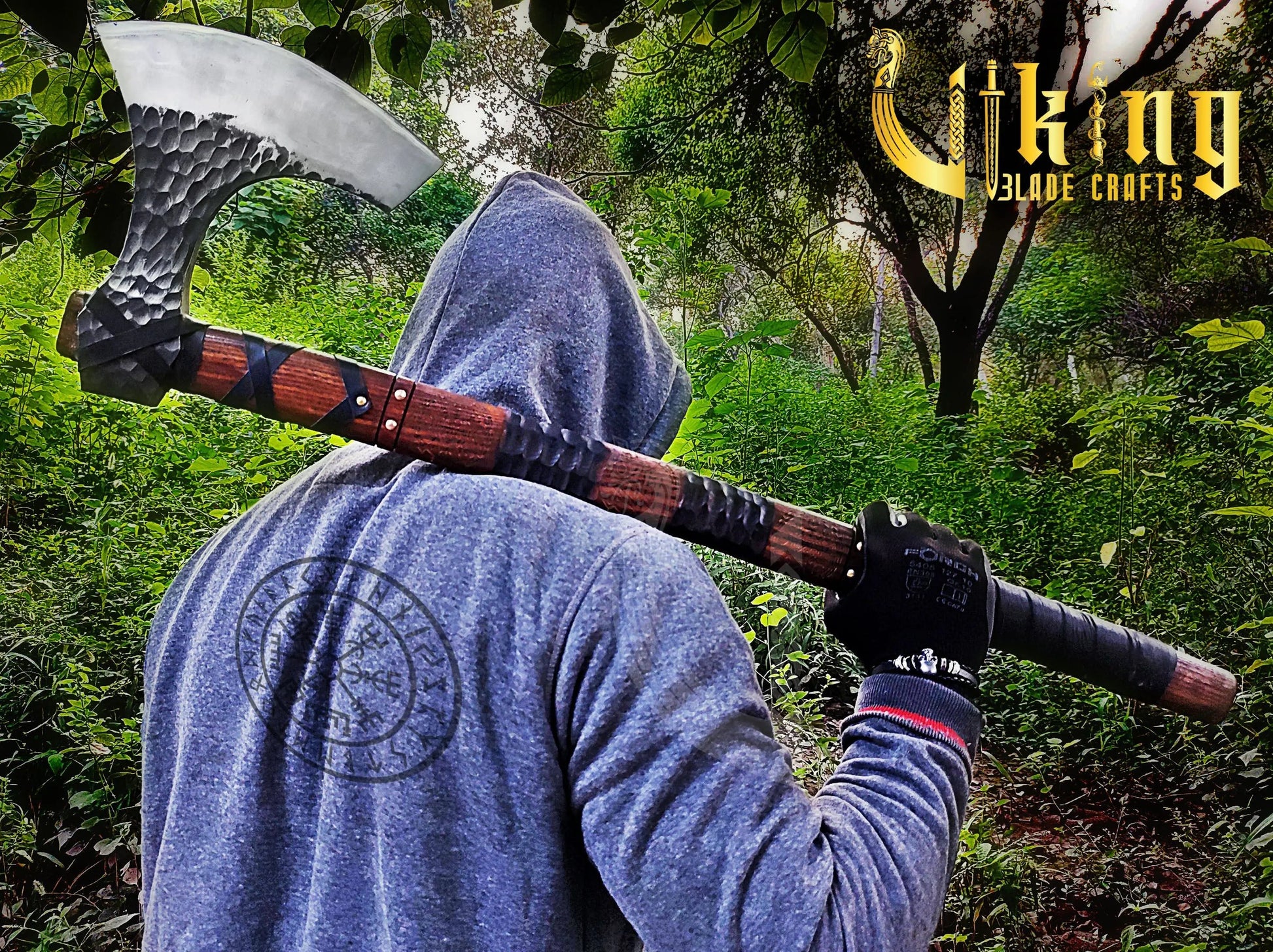 Hand-Forged 36" Viking Battle Axe & Carved Raven Shield Set Viking_Blade_Crafts