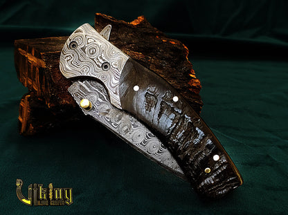 Hand-Forged Damascus Steel Knife | Raindrop Pattern | Ram Horn Handle