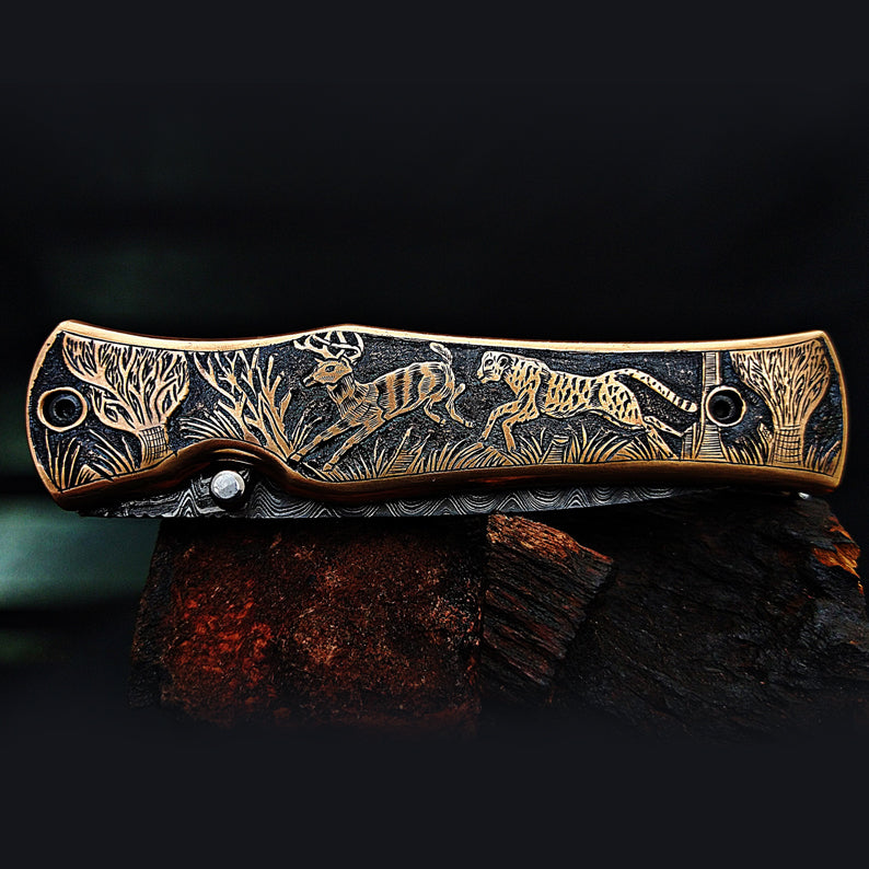 Hand-Carved Wildlife Theme Damascus Pocket Knife – Collector’s Edition - Viking Blade Crafts