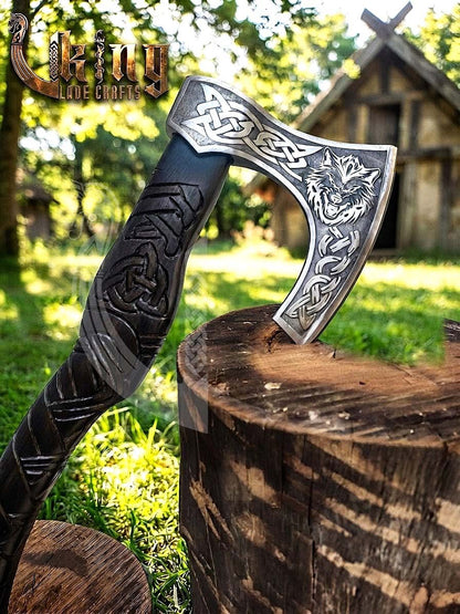 Fenrir Viking Axe | Hand Carved Wolf Handle | Forged Steel