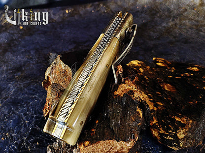 Handmade 3.5" Folding Knife with Ram Horn, Ladder Pattern & Pocket Clip