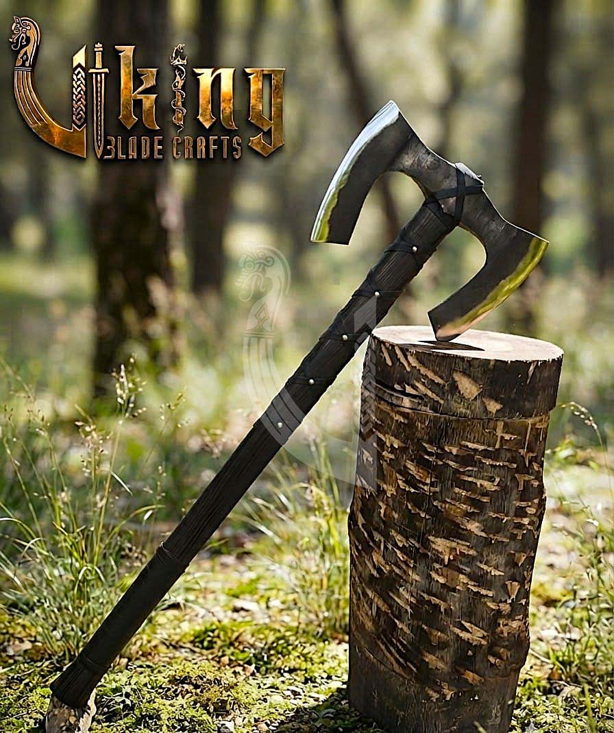 36" Double Bit Viking Axe - Hand Forged Carbon Steel & Leather Cover