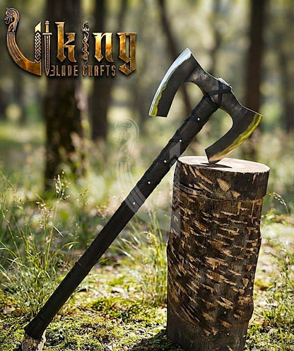 36" Double Bit Viking Axe - Hand Forged Carbon Steel & Leather Cover