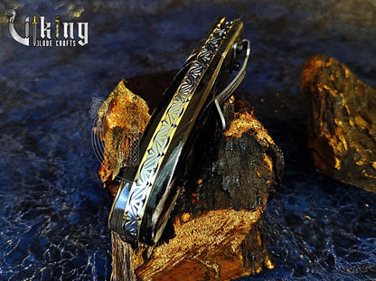 Damascus Folding Knife with Buffalo Horn Handle & Damascus Steel Clip
