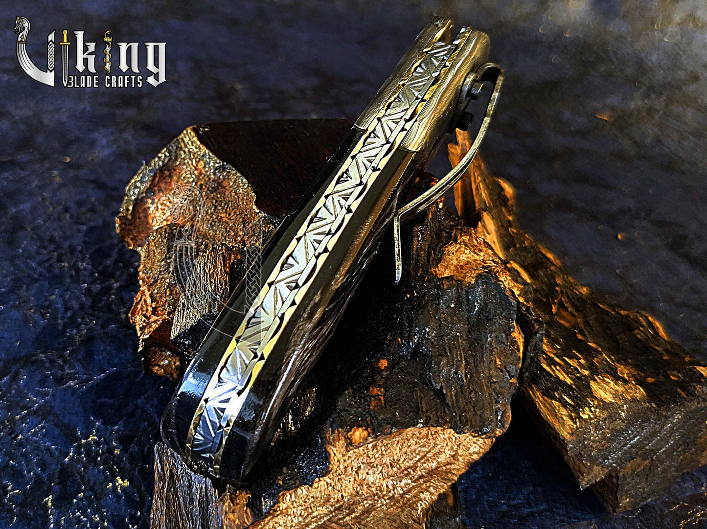 Hand-Forged Damascus Pocket Folding Knife w/ Buffalo Horn Handle & Clip